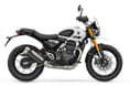 It uses the same tyres as the 400 X - MRF Zapper Kurve. Triumph Scrambler 400 XC white colour right side profile static in studio